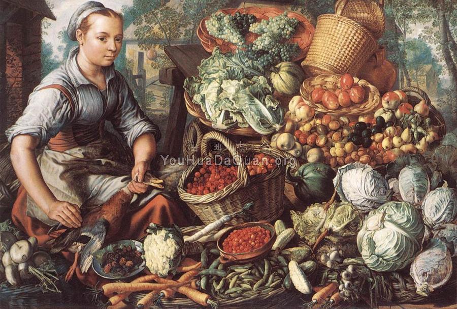 Market Woman with Fruit, Vegetables and Poultry - 约阿希姆·布克莱尔